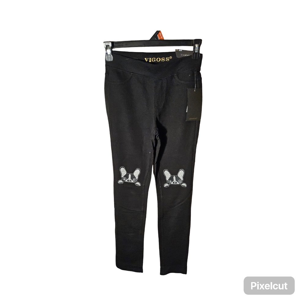 NWT Size 12 Vigoss Black kids pants with Embroidered puppy Detail